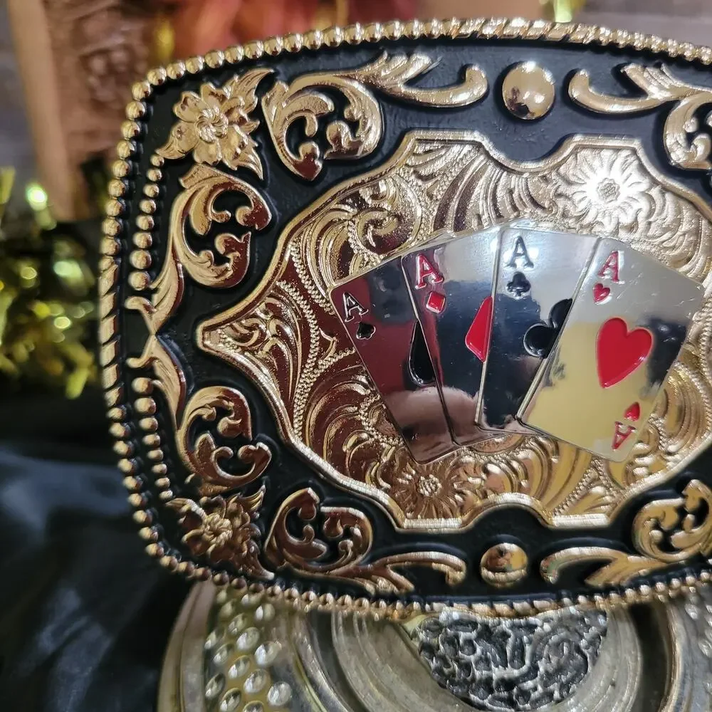 Four Aces Western Belt Buckle Cowboy Rodeo Buckle Rosetone With Black Accents
